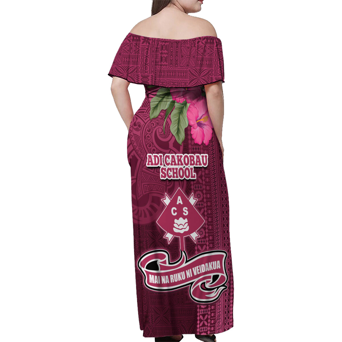 Fiji Adi Cakobau School Family Matching Off Shoulder Maxi Dress and Hawaiian Shirt Tropical Flower and Tapa Pattern LT03 - Polynesian Pride