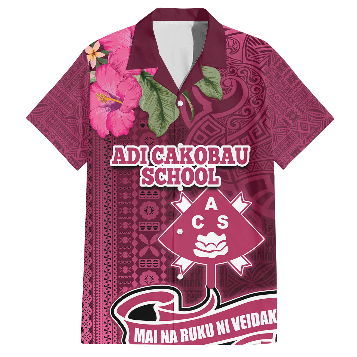 Fiji Adi Cakobau School Family Matching Tank Maxi Dress and Hawaiian Shirt Tropical Flower and Tapa Pattern LT03 Dad's Shirt - Short Sleeve Pink - Polynesian Pride