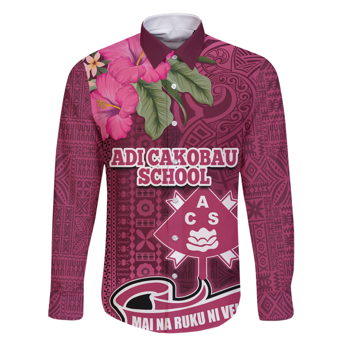 Fiji Adi Cakobau School Family Matching Tank Maxi Dress and Hawaiian Shirt Tropical Flower and Tapa Pattern LT03 Dad's Shirt - Long Sleeve Pink - Polynesian Pride
