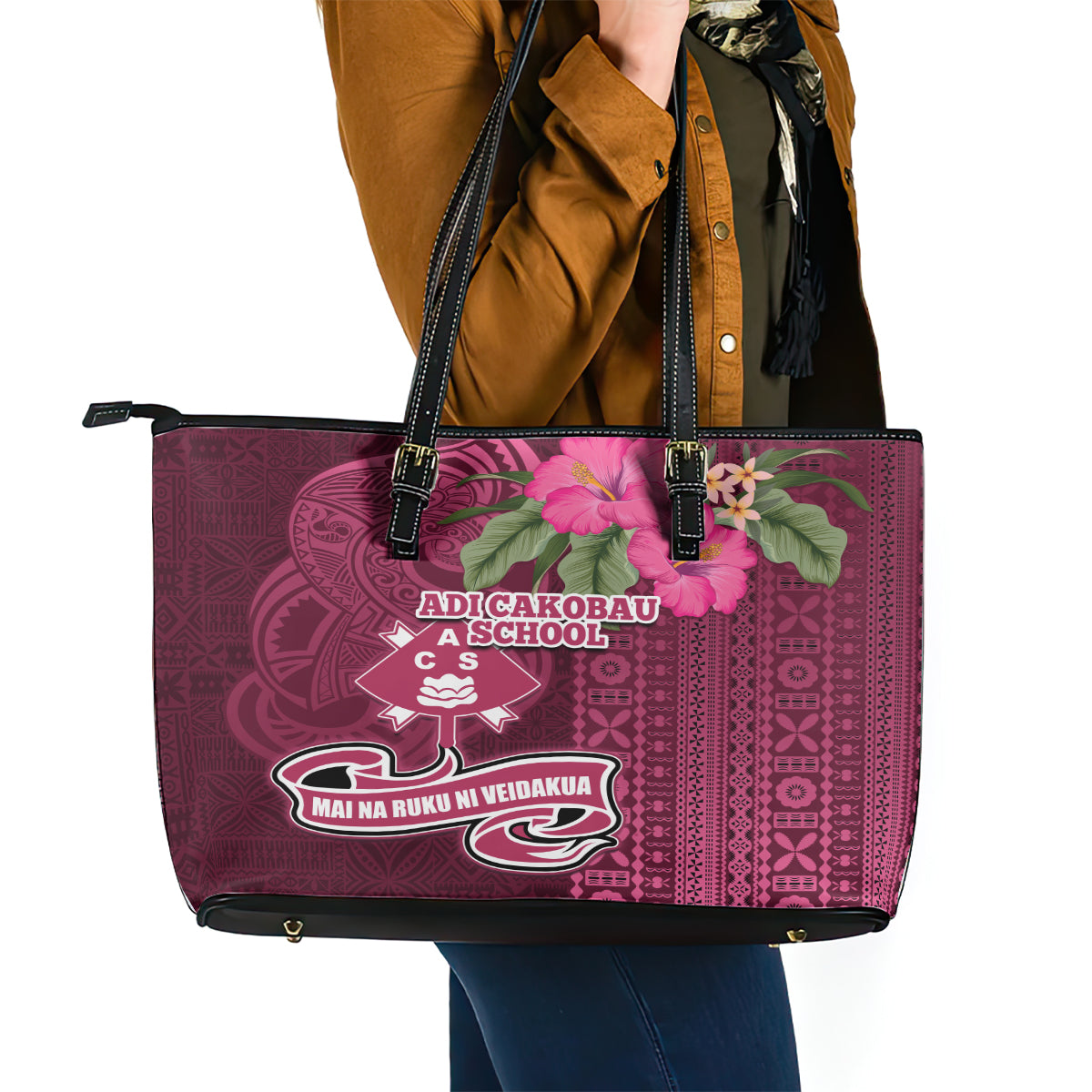 Fiji Adi Cakobau School Leather Tote Bag Tropical Flower and Tapa Pattern LT03 - Polynesian Pride