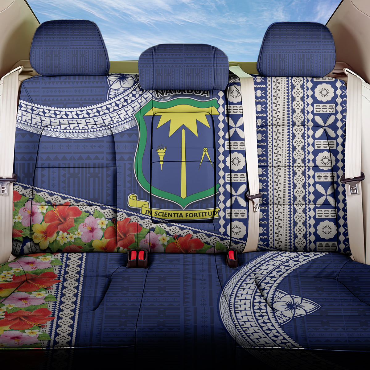 Fiji Natabua High School Back Car Seat Cover Tropical Flower and Tapa Pattern Blue Style LT03 One Size Blue - Polynesian Pride