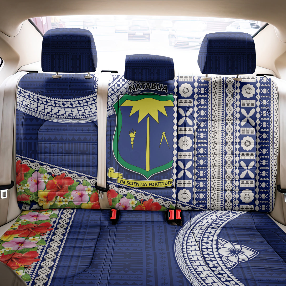 Fiji Natabua High School Back Car Seat Cover Tropical Flower and Tapa Pattern Blue Style LT03 - Polynesian Pride