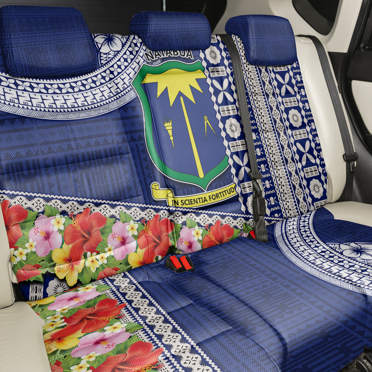 Fiji Natabua High School Back Car Seat Cover Tropical Flower and Tapa Pattern Blue Style LT03 - Polynesian Pride