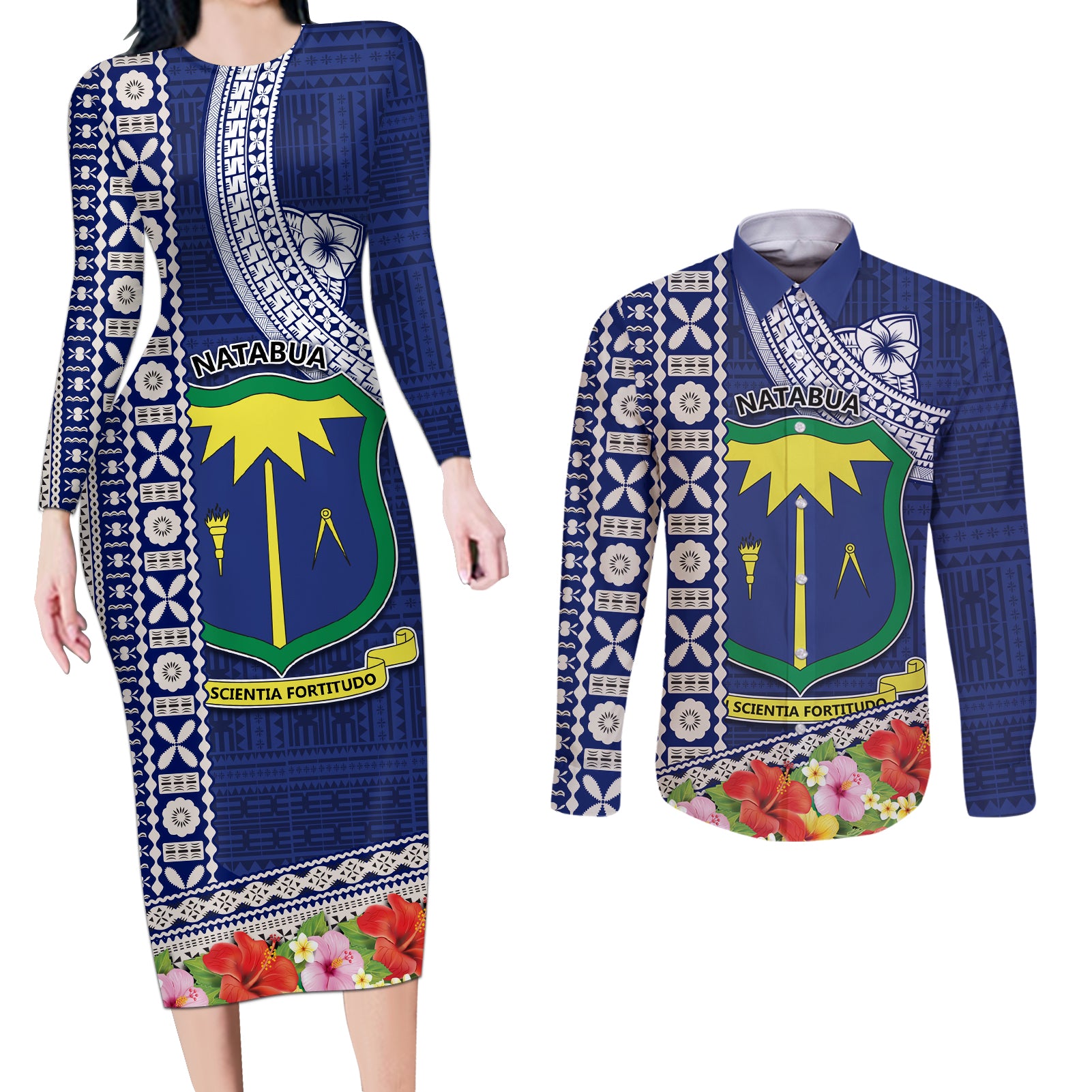 Fiji Natabua High School Couples Matching Long Sleeve Bodycon Dress and Long Sleeve Button Shirt Tropical Flower and Tapa Pattern Blue Style LT03 Blue - Polynesian Pride