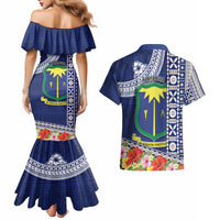 Fiji Natabua High School Couples Matching Mermaid Dress and Hawaiian Shirt Tropical Flower and Tapa Pattern Blue Style LT03 - Polynesian Pride