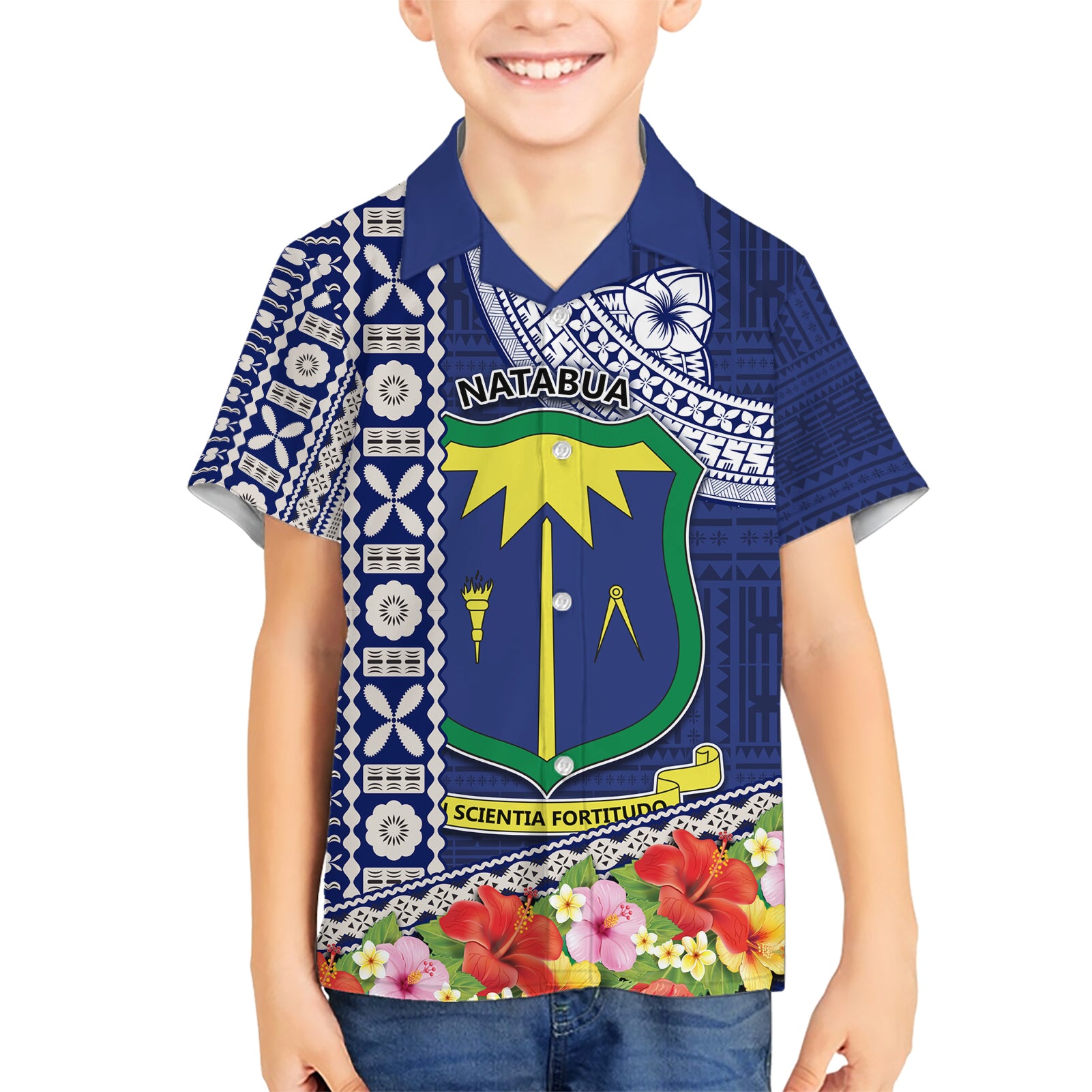 Fiji Natabua High School Kid Hawaiian Shirt Tropical Flower and Tapa Pattern Blue Style LT03 Kid Blue - Polynesian Pride