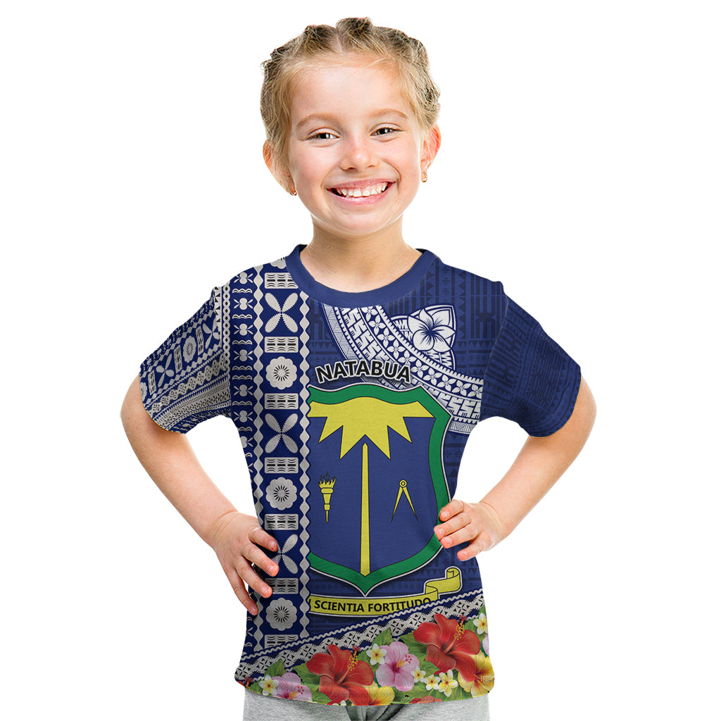 Fiji Natabua High School Kid T Shirt Tropical Flower and Tapa Pattern Blue Style LT03 Blue - Polynesian Pride