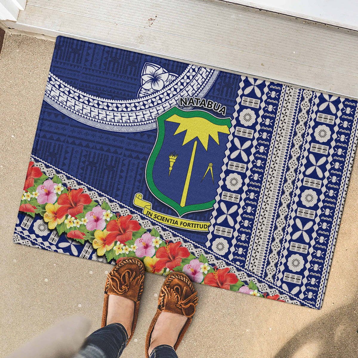 Fiji Natabua High School Rubber Doormat Tropical Flower and Tapa Pattern Blue Style LT03 - Polynesian Pride