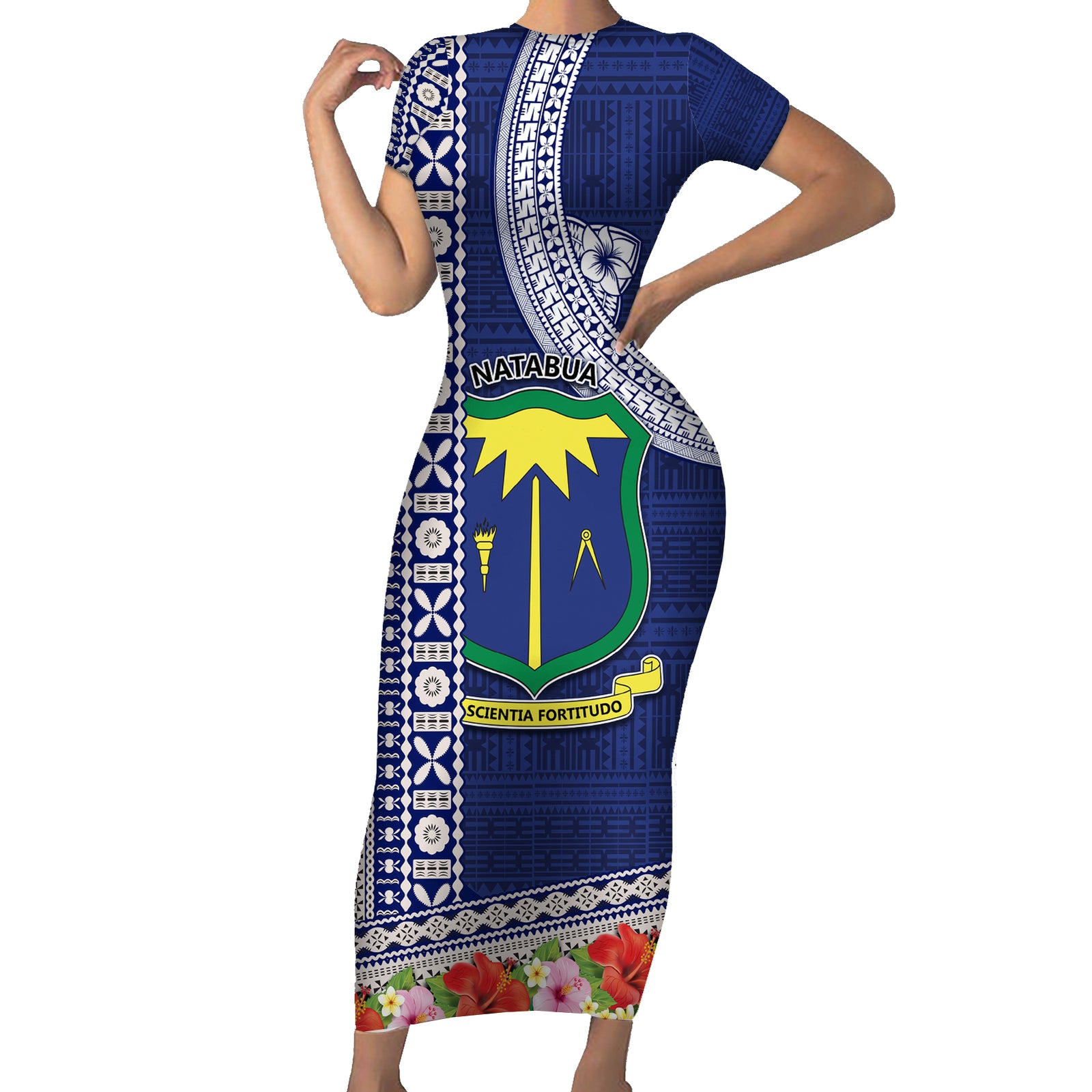Fiji Natabua High School Short Sleeve Bodycon Dress Tropical Flower and Tapa Pattern Blue Style LT03 Long Dress Blue - Polynesian Pride