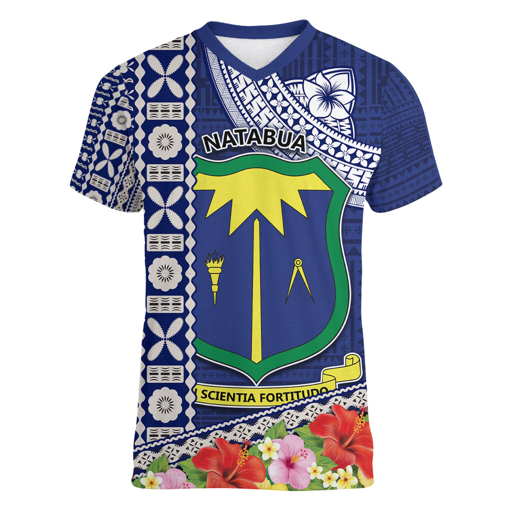 Fiji Natabua High School Women V Neck T Shirt Tropical Flower and Tapa Pattern Blue Style LT03 Female Blue - Polynesian Pride