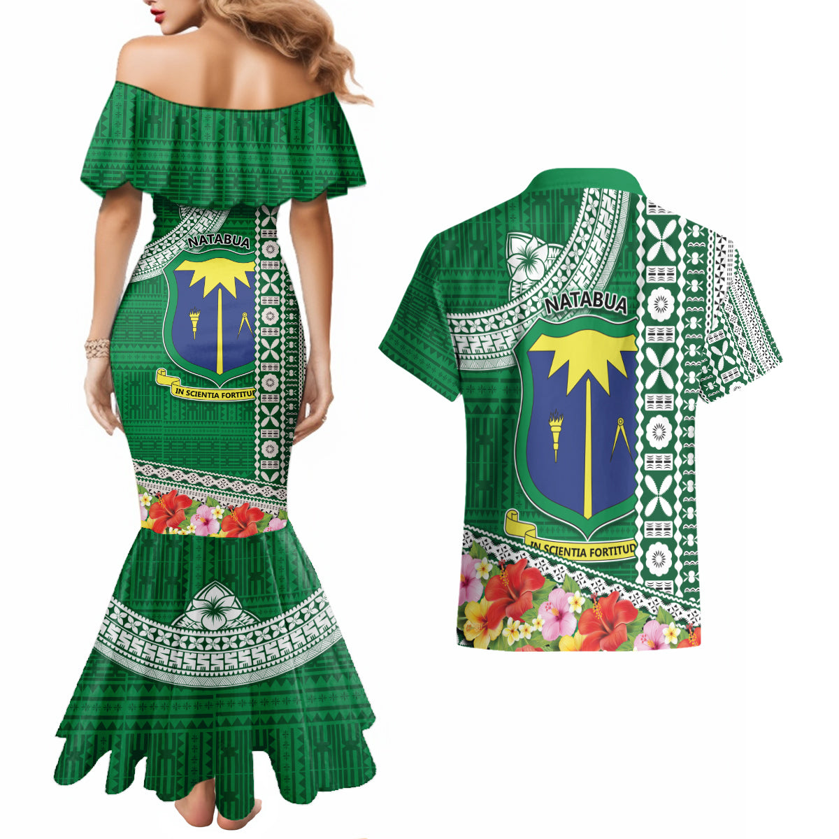 Fiji Natabua High School Couples Matching Mermaid Dress and Hawaiian Shirt Tropical Flower and Tapa Pattern Green Style LT03 - Polynesian Pride