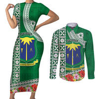 Fiji Natabua High School Couples Matching Short Sleeve Bodycon Dress and Long Sleeve Button Shirt Tropical Flower and Tapa Pattern Green Style LT03 Green - Polynesian Pride