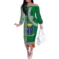 Fiji Natabua High School Family Matching Off Shoulder Long Sleeve Dress and Hawaiian Shirt Tropical Flower and Tapa Pattern Green Style LT03 Mom's Dress Green - Polynesian Pride