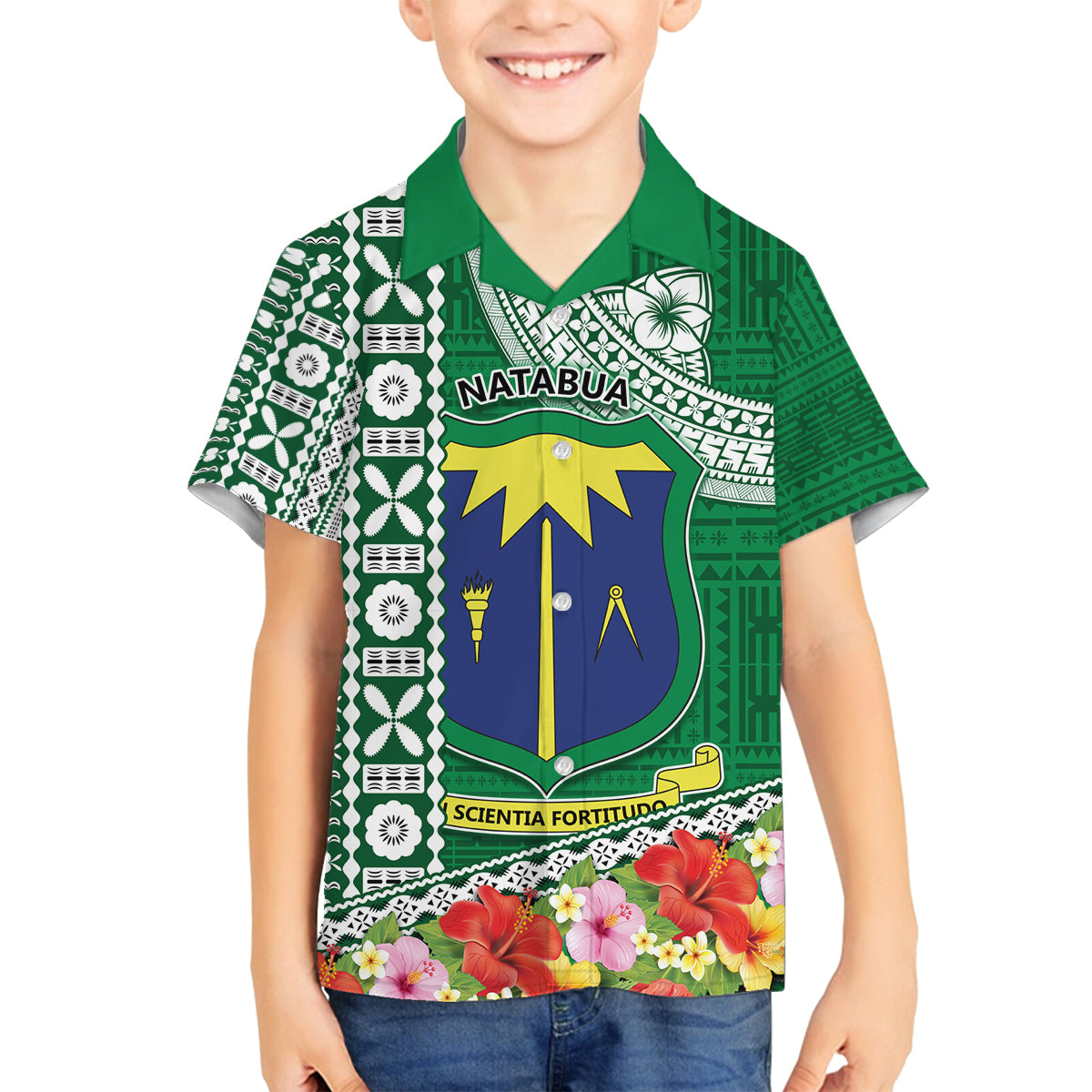 Fiji Natabua High School Family Matching Off Shoulder Long Sleeve Dress and Hawaiian Shirt Tropical Flower and Tapa Pattern Green Style LT03 Son's Shirt Green - Polynesian Pride