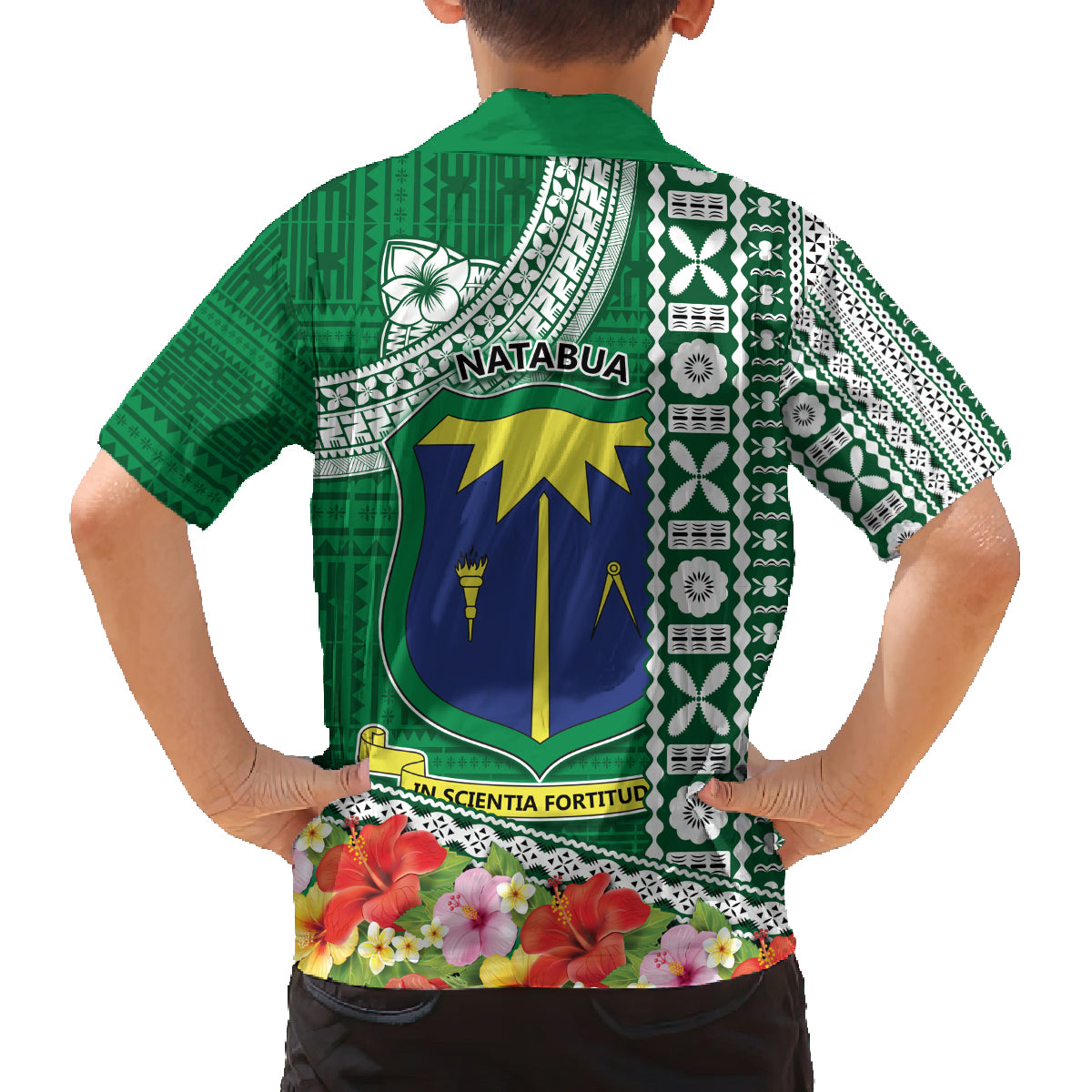 Fiji Natabua High School Family Matching Tank Maxi Dress and Hawaiian Shirt Tropical Flower and Tapa Pattern Green Style LT03 - Polynesian Pride