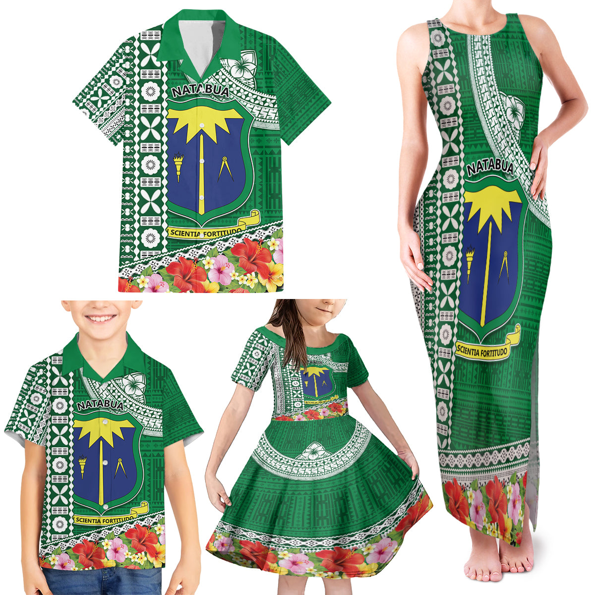 Fiji Natabua High School Family Matching Tank Maxi Dress and Hawaiian Shirt Tropical Flower and Tapa Pattern Green Style LT03 - Polynesian Pride