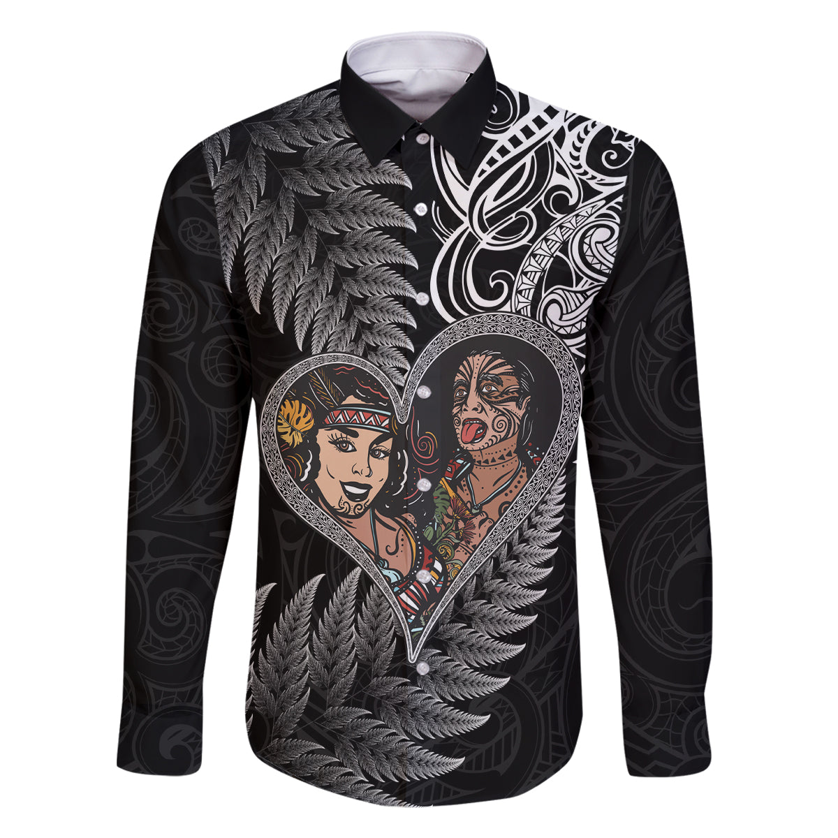 New Zealand Valentine Day Family Matching Off Shoulder Long Sleeve Dress and Hawaiian Shirt Aotearoa Warrior and Woman Love Heart Silver Fern Koru LT03 Dad's Shirt - Long Sleeve Black - Polynesian Pride