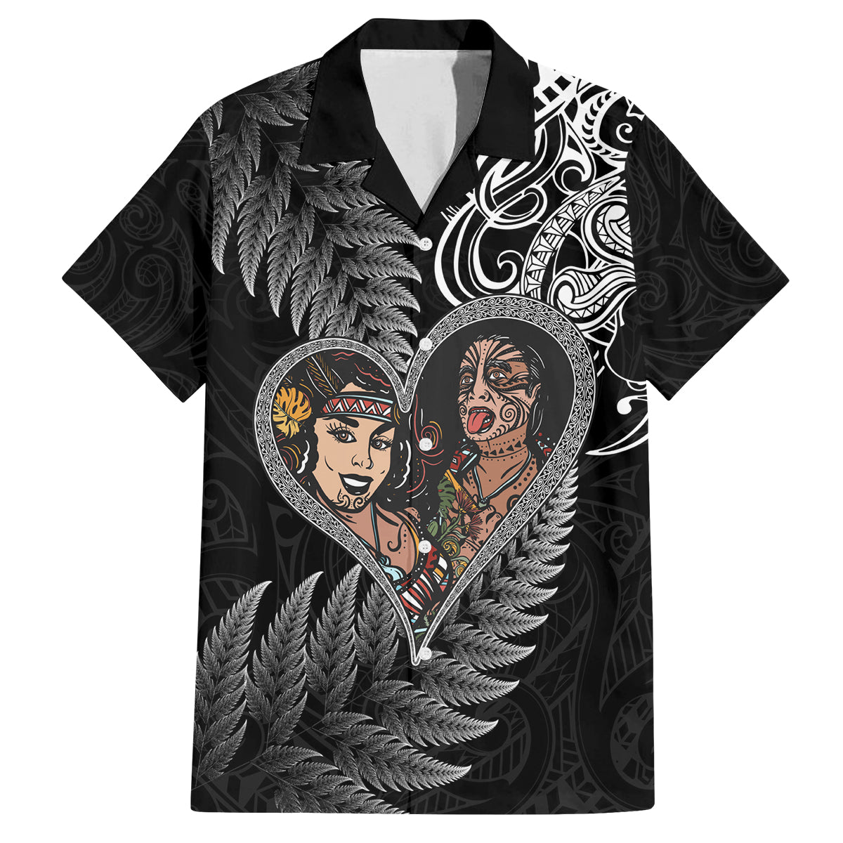 New Zealand Valentine Day Family Matching Summer Maxi Dress and Hawaiian Shirt Aotearoa Warrior and Woman Love Heart Silver Fern Koru LT03 Dad's Shirt - Short Sleeve Black - Polynesian Pride