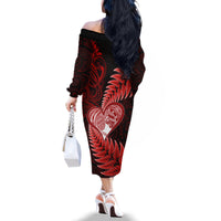 New Zealand Valentine Day Family Matching Off Shoulder Long Sleeve Dress and Hawaiian Shirt Aotearoa Warrior and Woman Love Story Silver Fern Koru Red Style LT03 - Polynesian Pride