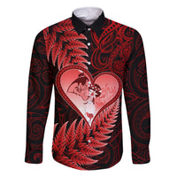 New Zealand Valentine Day Family Matching Off Shoulder Maxi Dress and Hawaiian Shirt Aotearoa Warrior and Woman Love Story Silver Fern Koru Red Style LT03 Dad's Shirt - Long Sleeve Red - Polynesian Pride