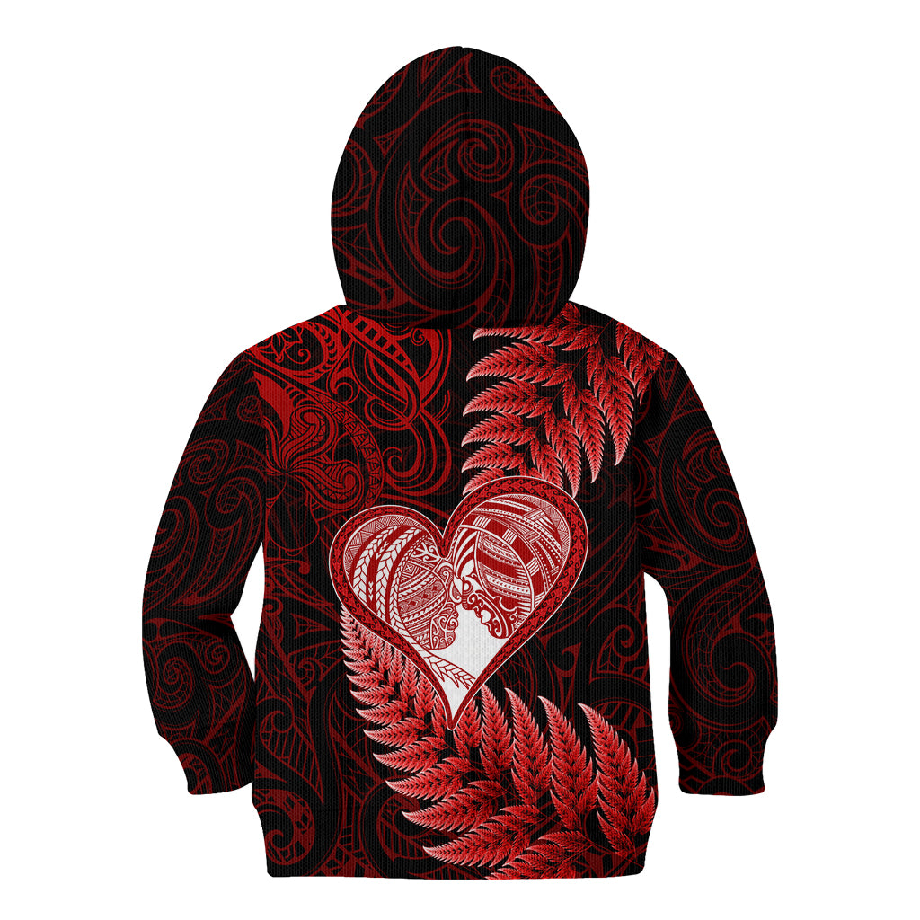 New Zealand Valentine Day Kid Hoodie Aotearoa Warrior and Woman Love Story Silver Fern Koru Red Style LT03 - Polynesian Pride