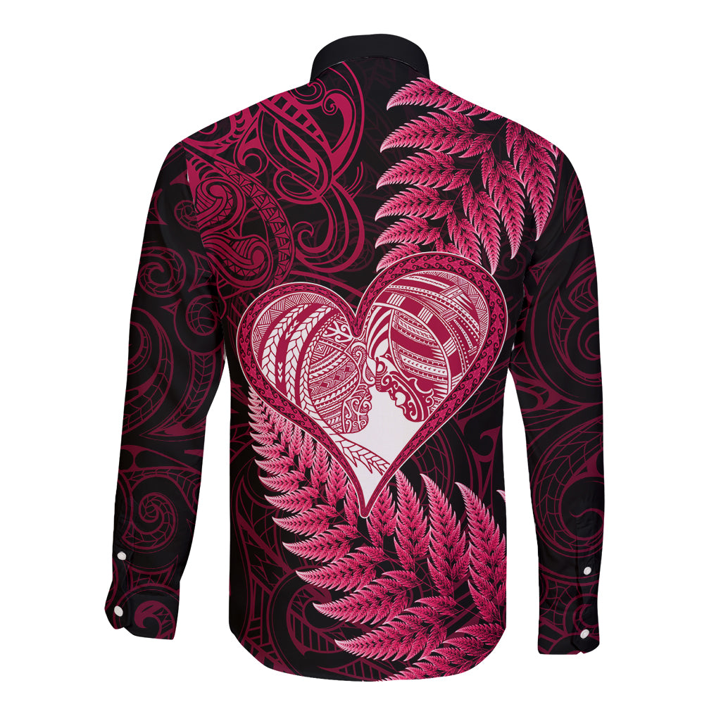 New Zealand Valentine Day Long Sleeve Button Shirt Aotearoa Warrior Love Story Silver Fern Koru Pink Style LT03 - Polynesian Pride