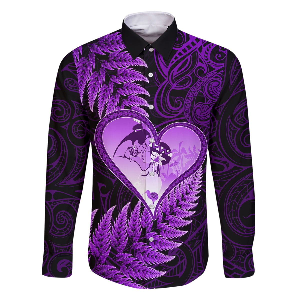 New Zealand Valentine Day Family Matching Off Shoulder Maxi Dress and Hawaiian Shirt Aotearoa Warrior Love Story Silver Fern Koru Purple Style LT03 Dad's Shirt - Long Sleeve Purple - Polynesian Pride