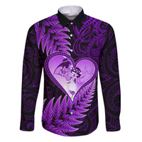 New Zealand Valentine Day Family Matching Puletasi and Hawaiian Shirt Aotearoa Warrior Love Story Silver Fern Koru Purple Style LT03 Dad's Shirt - Long Sleeve Purple - Polynesian Pride