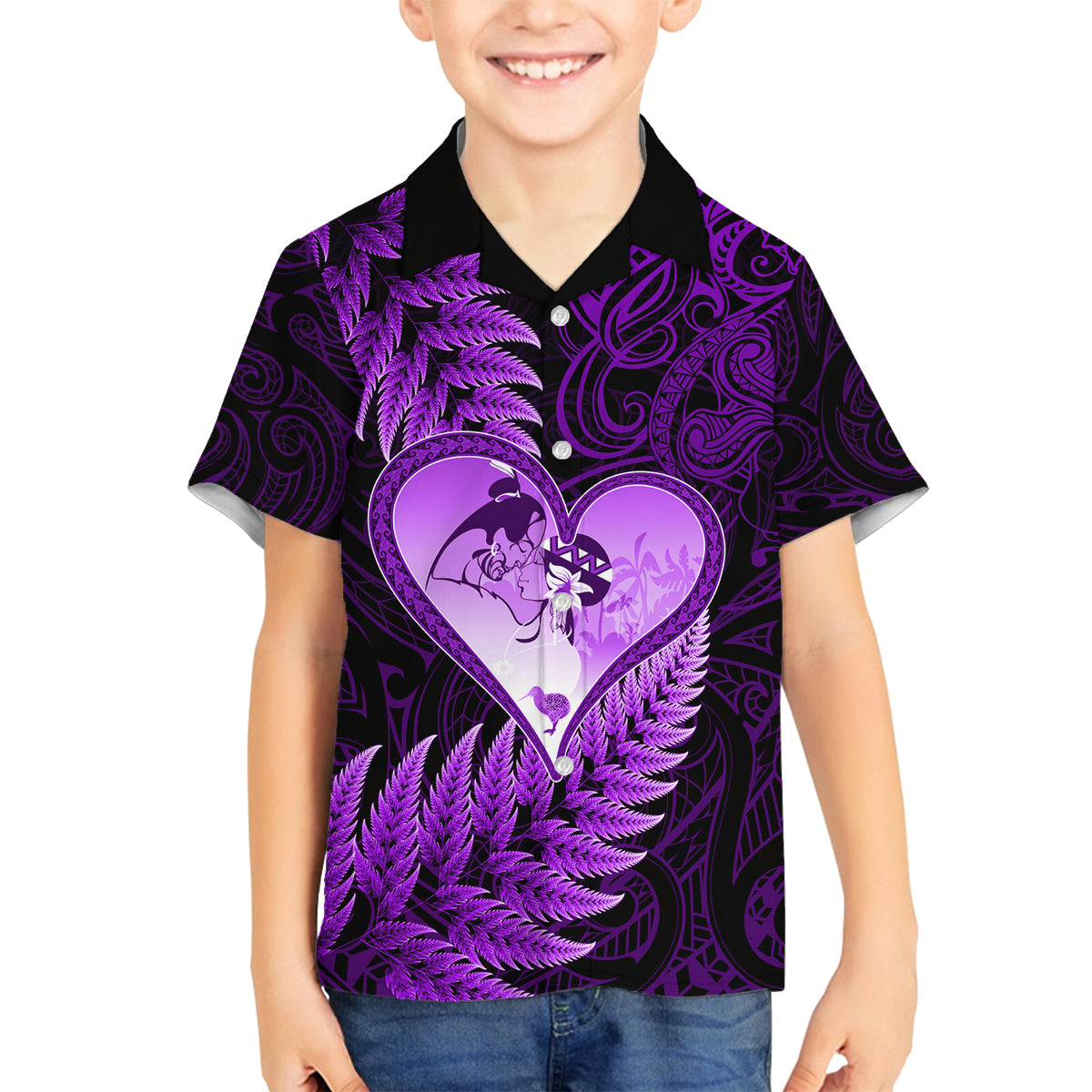 New Zealand Valentine Day Family Matching Tank Maxi Dress and Hawaiian Shirt Aotearoa Warrior Love Story Silver Fern Koru Purple Style LT03 Son's Shirt Purple - Polynesian Pride
