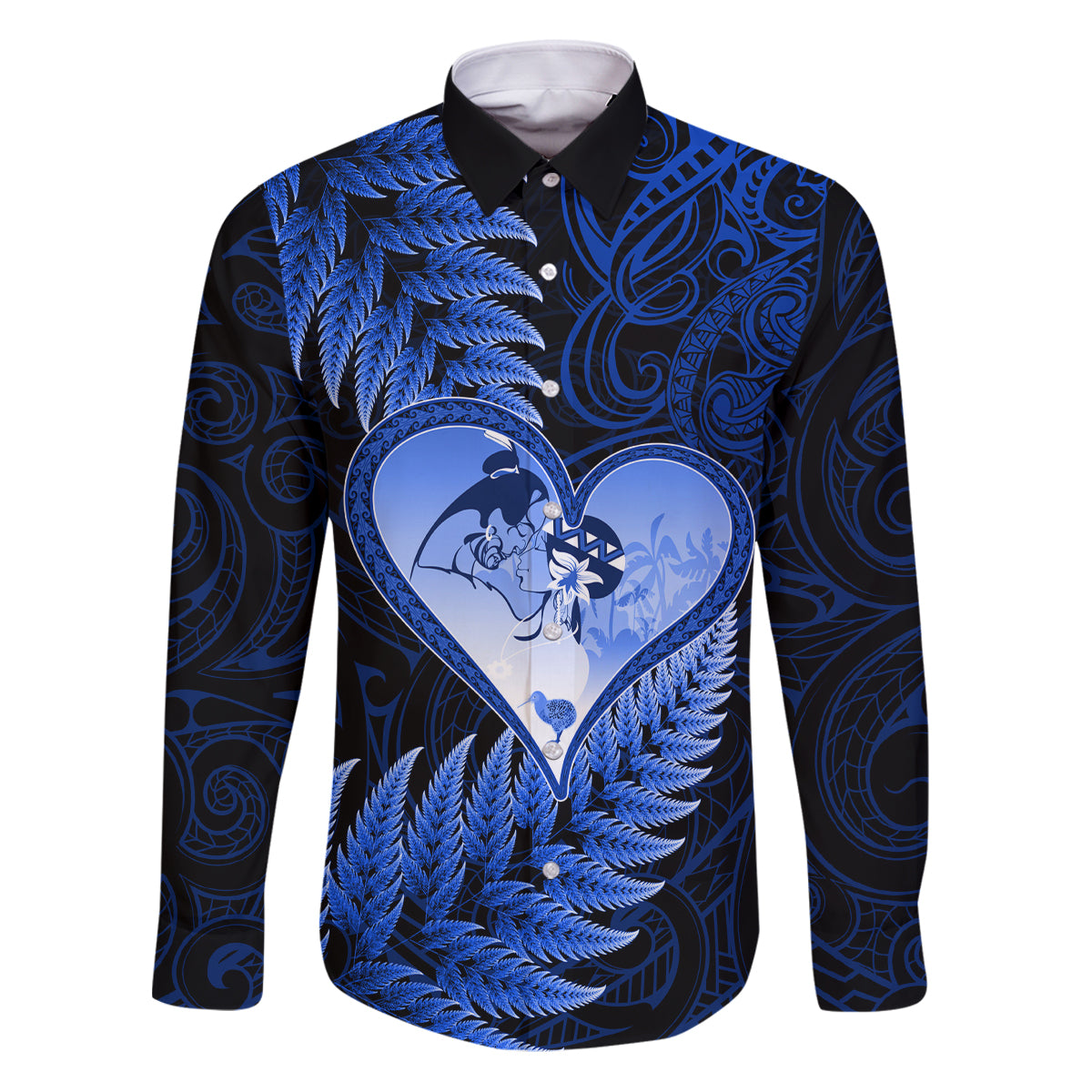 New Zealand Valentine Day Family Matching Puletasi and Hawaiian Shirt Aotearoa Warrior Love Story Silver Fern Koru Blue Style LT03 Dad's Shirt - Long Sleeve Blue - Polynesian Pride