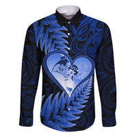 New Zealand Valentine Day Family Matching Puletasi and Hawaiian Shirt Aotearoa Warrior Love Story Silver Fern Koru Blue Style LT03 Dad's Shirt - Long Sleeve Blue - Polynesian Pride