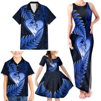 New Zealand Valentine Day Family Matching Tank Maxi Dress and Hawaiian Shirt Aotearoa Warrior Love Story Silver Fern Koru Blue Style LT03 - Polynesian Pride