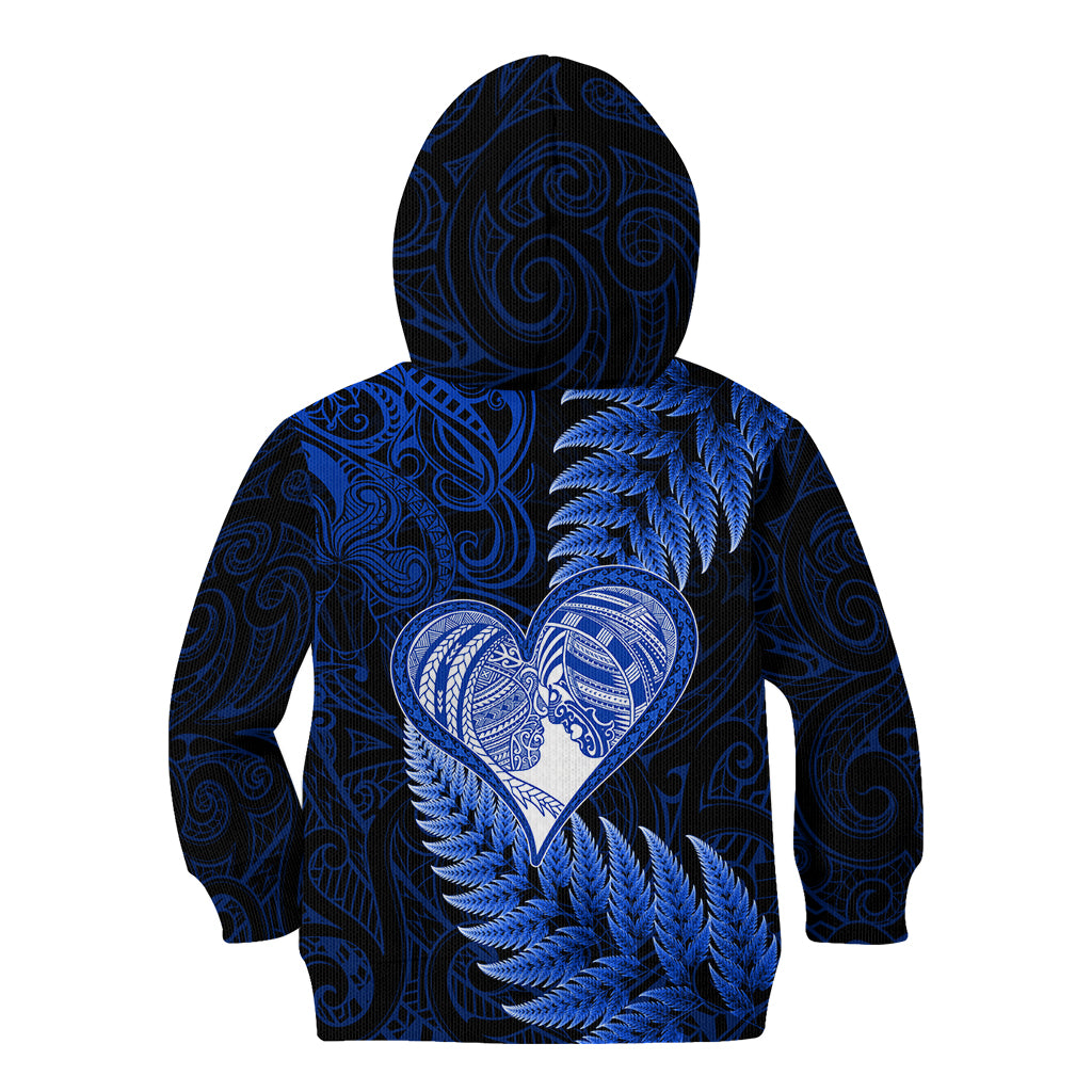 New Zealand Valentine Day Kid Hoodie Aotearoa Warrior Love Story Silver Fern Koru Blue Style LT03 - Polynesian Pride
