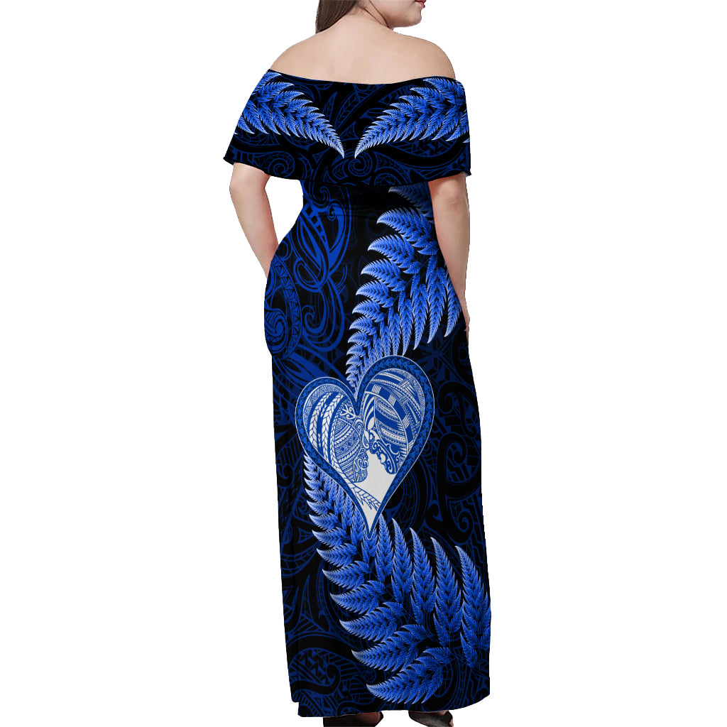 New Zealand Valentine Day Off Shoulder Maxi Dress Aotearoa Warrior Love Story Silver Fern Koru Blue Style LT03 - Polynesian Pride