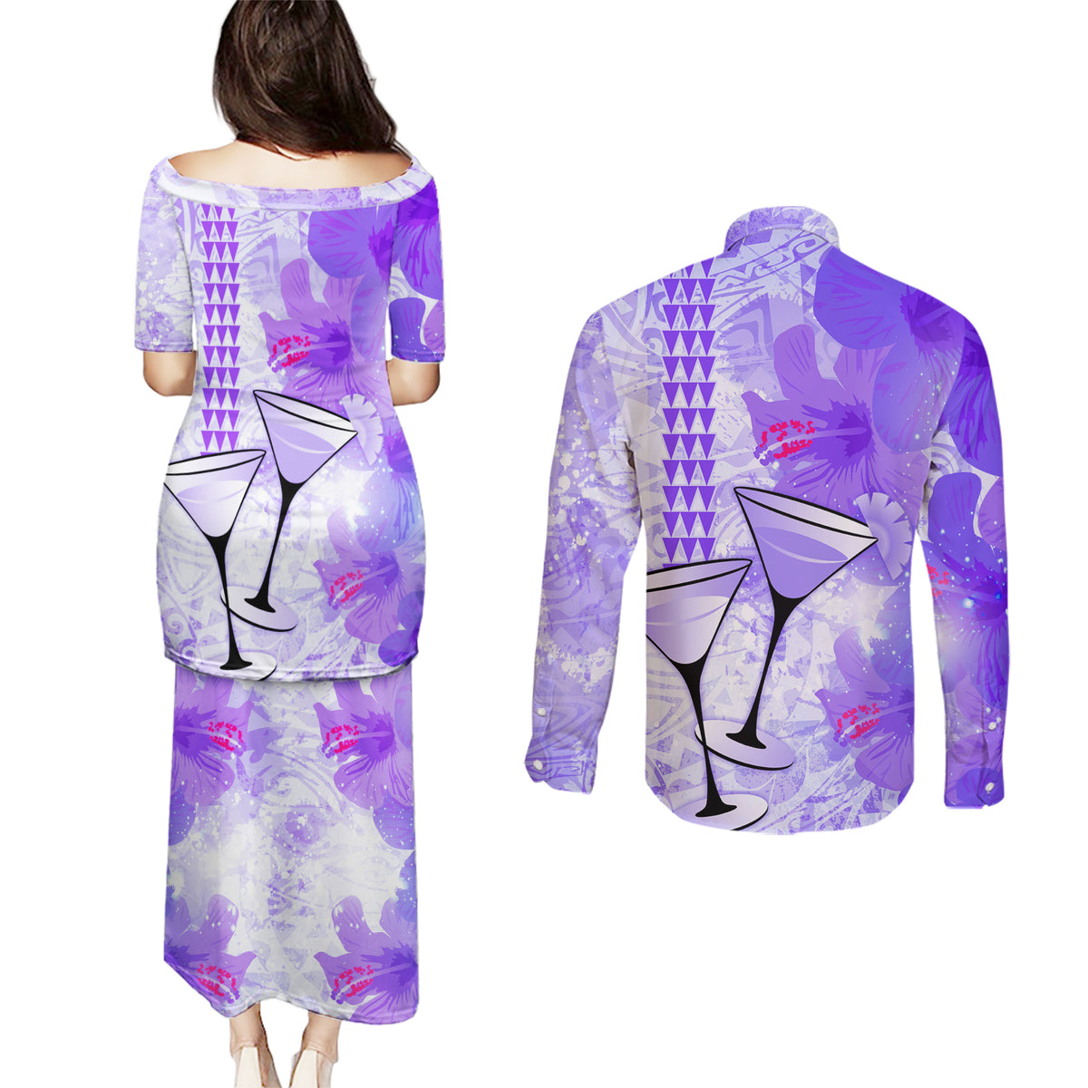 Hawaiian Cocktail Valentine Day Couples Matching Puletasi and Long Sleeve Button Shirt Hibiscus Kakau Pattern Purple Version LT03 - Polynesian Pride