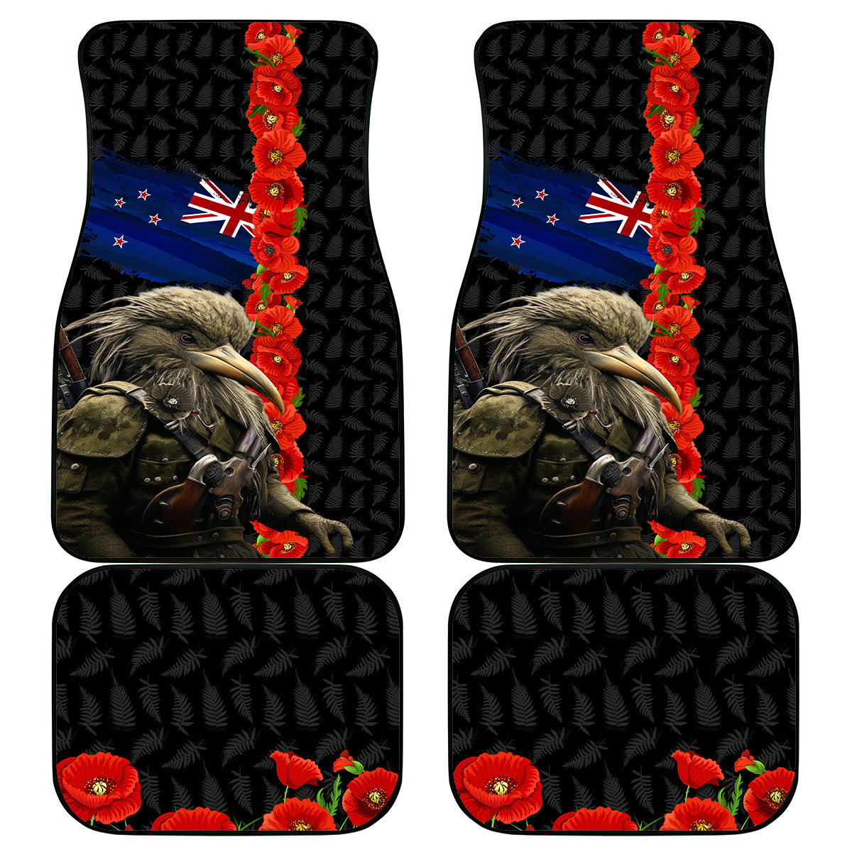 New Zealand Kiwi Soldier ANZAC Car Mats Red Poppy Flower and Silver Fern Pattern LT03 - Polynesian Pride