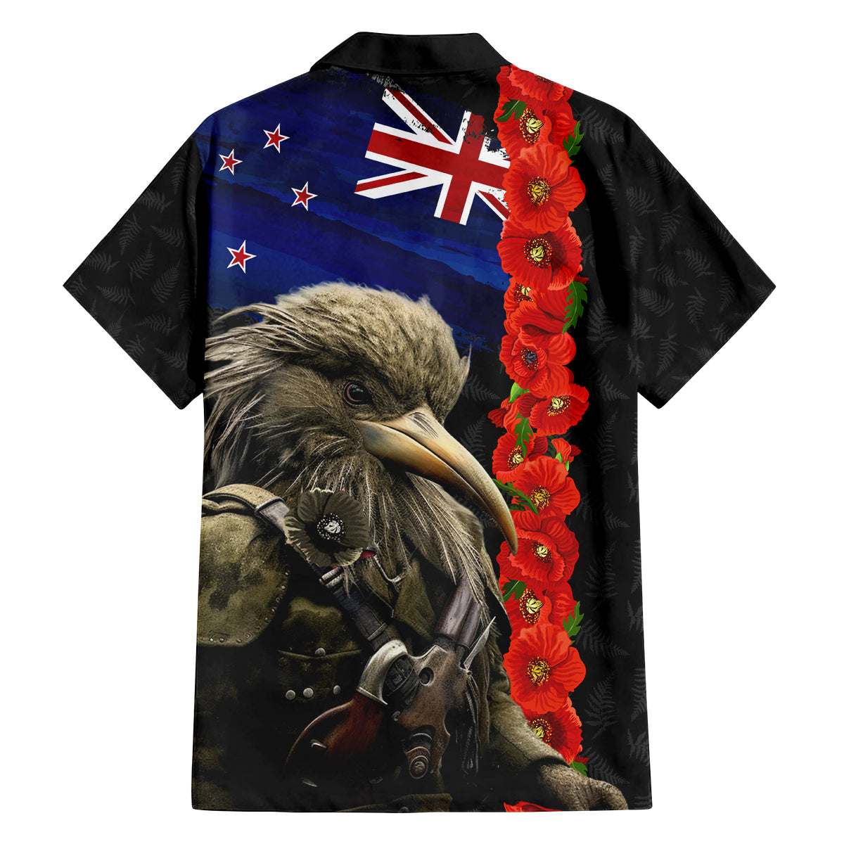 New Zealand Kiwi Soldier ANZAC Family Matching Off Shoulder Long Sleeve Dress and Hawaiian Shirt Red Poppy Flower and Silver Fern Pattern LT03 - Polynesian Pride