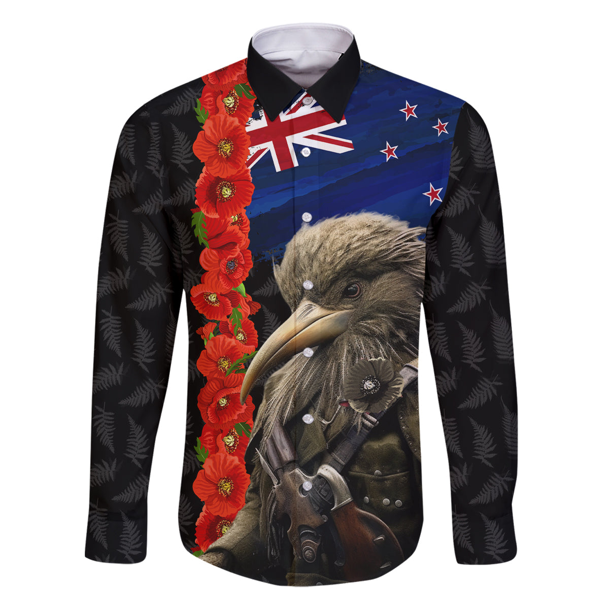 New Zealand Kiwi Soldier ANZAC Family Matching Off Shoulder Maxi Dress and Hawaiian Shirt Red Poppy Flower and Silver Fern Pattern LT03 Dad's Shirt - Long Sleeve Black - Polynesian Pride