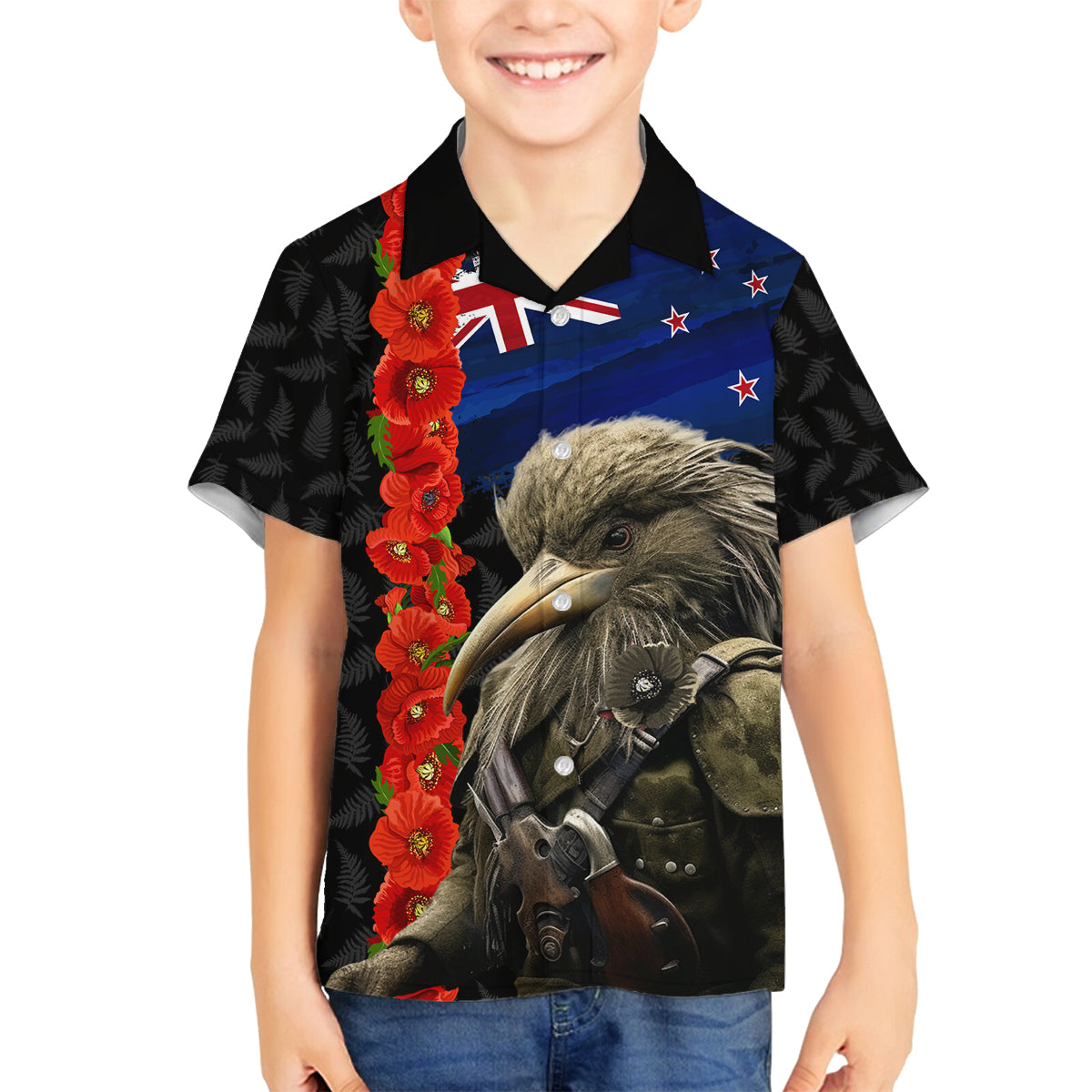 New Zealand Kiwi Soldier ANZAC Family Matching Tank Maxi Dress and Hawaiian Shirt Red Poppy Flower and Silver Fern Pattern LT03 Son's Shirt Black - Polynesian Pride
