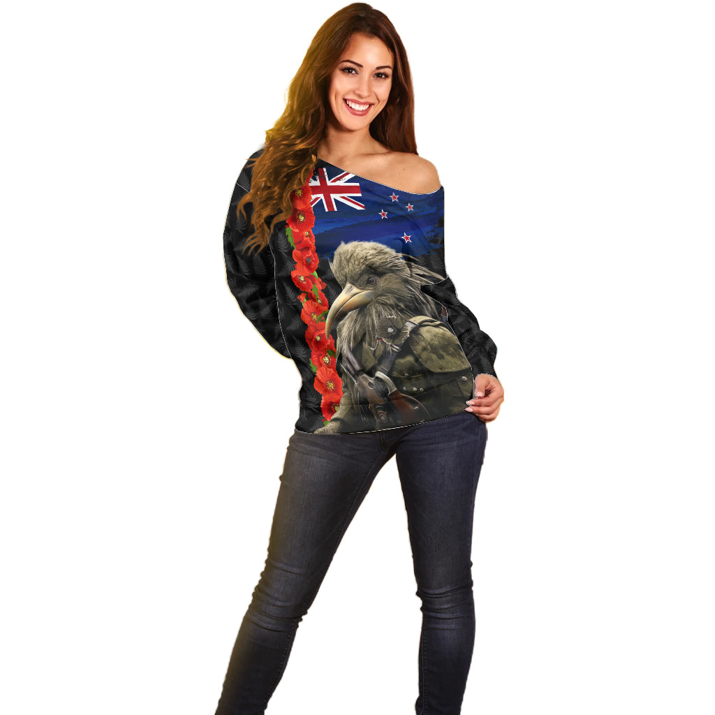 New Zealand Kiwi Soldier ANZAC Off Shoulder Sweater Red Poppy Flower and Silver Fern Pattern LT03 - Polynesian Pride