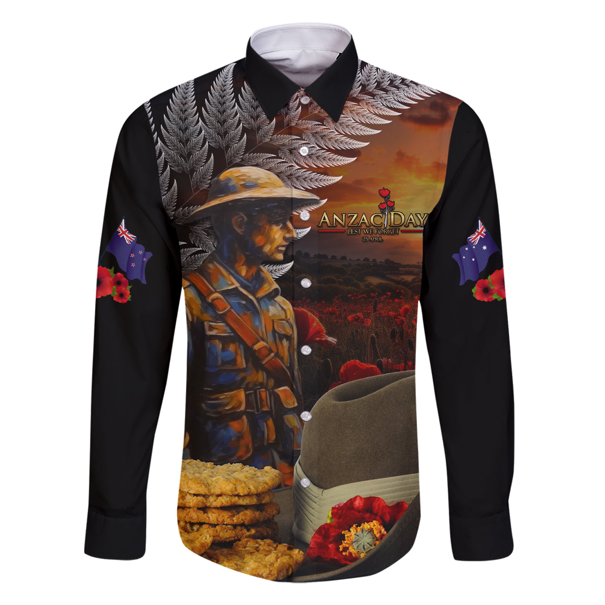 Slouch Hat and Biscuits ANZAC Family Matching Off Shoulder Maxi Dress and Hawaiian Shirt with Soldier Silver Fern LT03 Dad's Shirt - Long Sleeve Black - Polynesian Pride