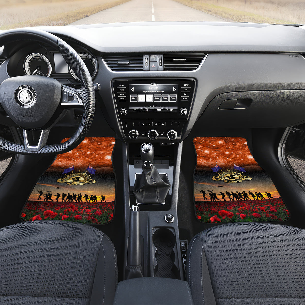 The Rising Sun Badge ANZAC Car Mats Last Post Field of Poppy Starry Night Style LT03 Set 2pcs - Front Black - Polynesian Pride