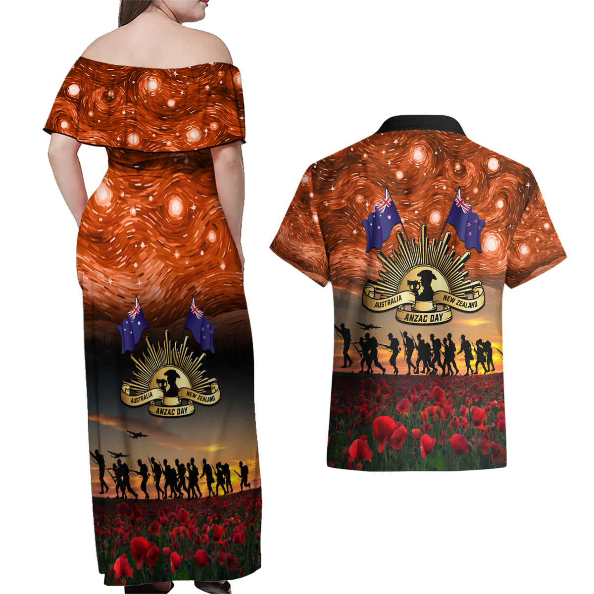 The Rising Sun Badge ANZAC Couples Matching Off Shoulder Maxi Dress and Hawaiian Shirt Last Post Field of Poppy Starry Night Style LT03 - Polynesian Pride