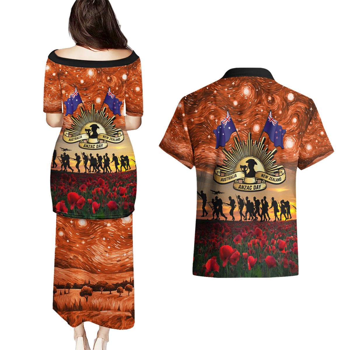 The Rising Sun Badge ANZAC Couples Matching Puletasi and Hawaiian Shirt Last Post Field of Poppy Starry Night Style LT03 - Polynesian Pride