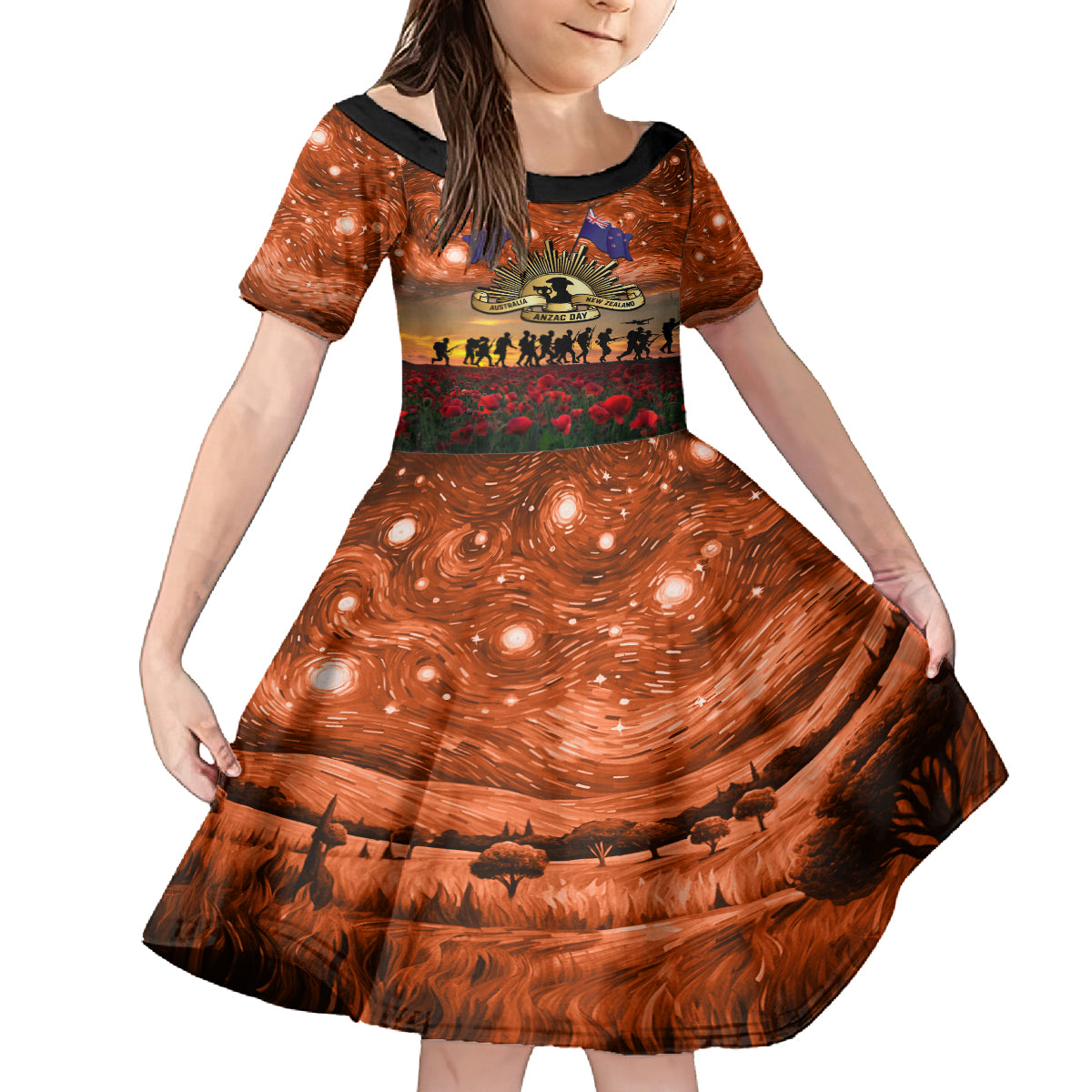 The Rising Sun Badge ANZAC Family Matching Off Shoulder Short Dress and Hawaiian Shirt Last Post Field of Poppy Starry Night Style LT03 Daughter's Dress Black - Polynesian Pride