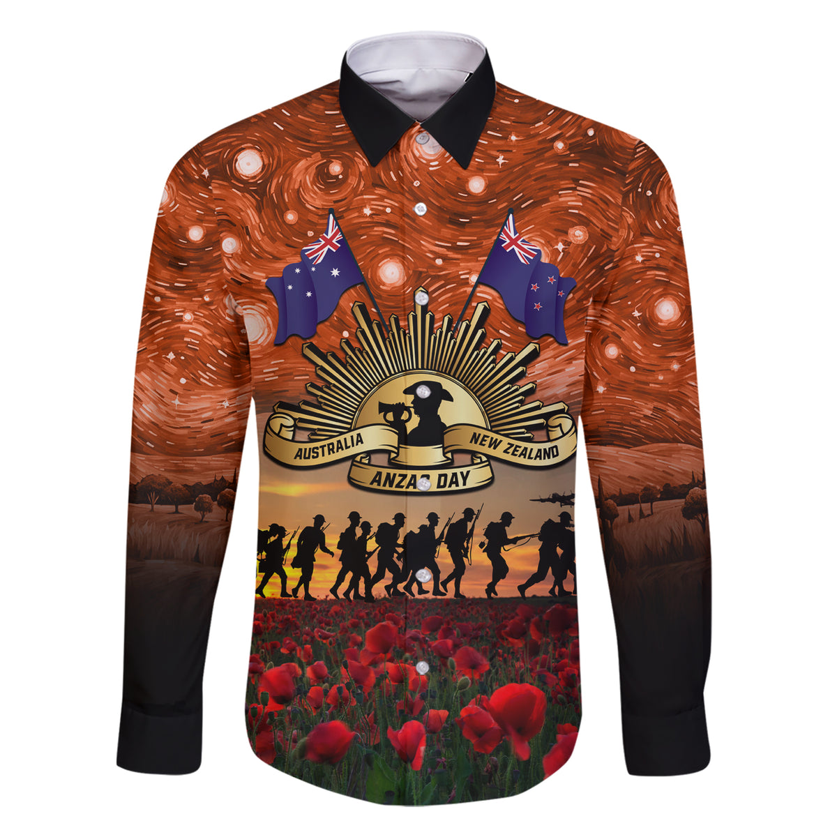 The Rising Sun Badge ANZAC Family Matching Short Sleeve Bodycon Dress and Hawaiian Shirt Last Post Field of Poppy Starry Night Style LT03 Dad's Shirt - Long Sleeve Black - Polynesian Pride