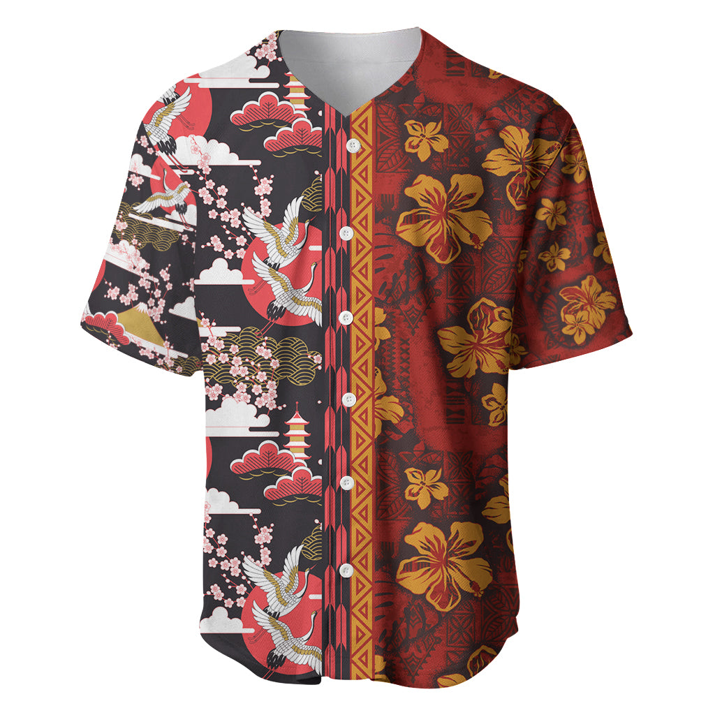 Japanese Culture Hawaii Style Baseball Jersey Hawaiian Tribal and Japanese Pattern Together Culture LT03 Red - Polynesian Pride