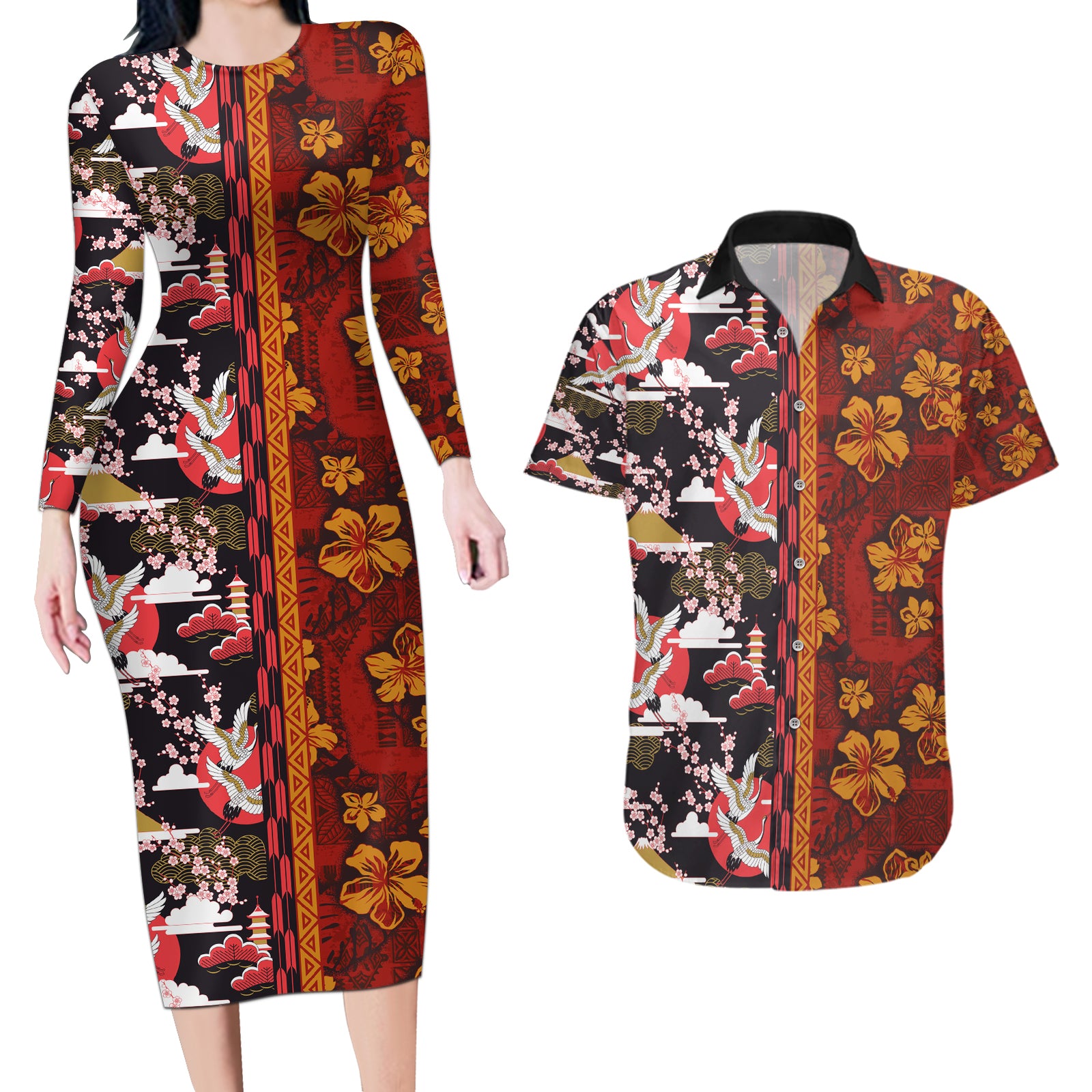 Japanese Culture Hawaii Style Couples Matching Long Sleeve Bodycon Dress and Hawaiian Shirt Hawaiian Tribal and Japanese Pattern Together Culture LT03 Red - Polynesian Pride