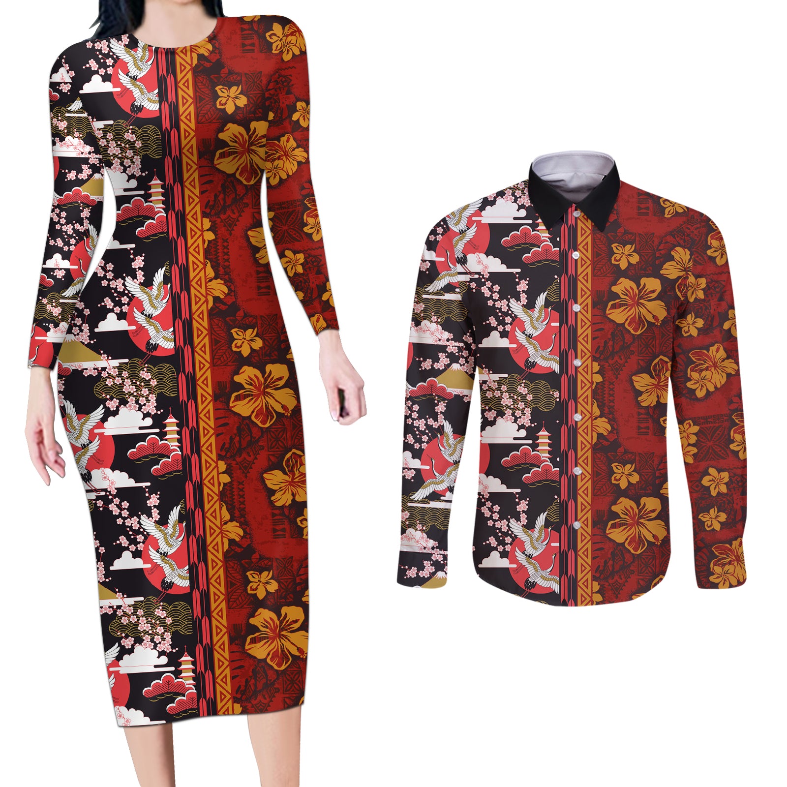 Japanese Culture Hawaii Style Couples Matching Long Sleeve Bodycon Dress and Long Sleeve Button Shirt Hawaiian Tribal and Japanese Pattern Together Culture LT03 Red - Polynesian Pride