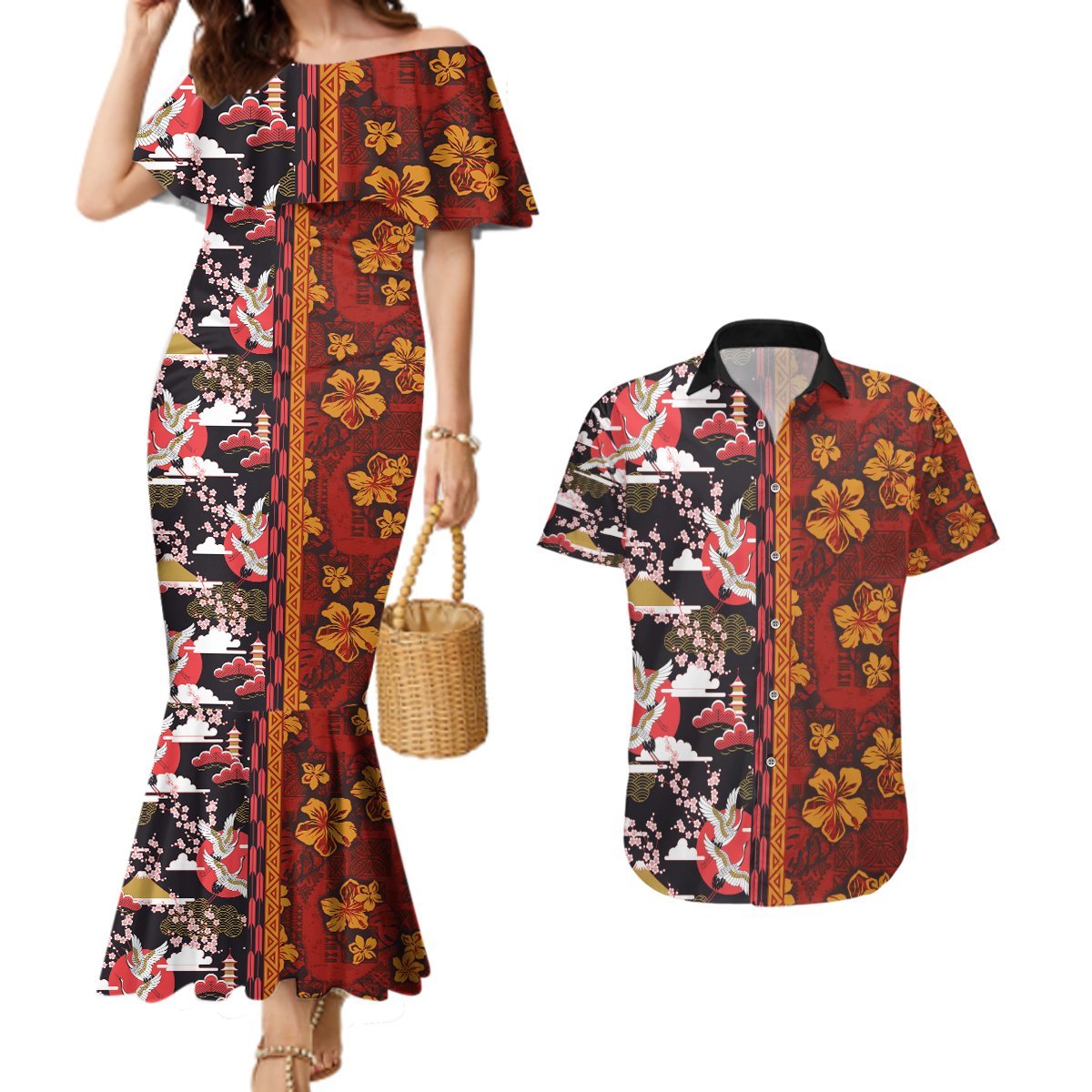 Japanese Culture Hawaii Style Couples Matching Mermaid Dress and Hawaiian Shirt Hawaiian Tribal and Japanese Pattern Together Culture LT03 Red - Polynesian Pride